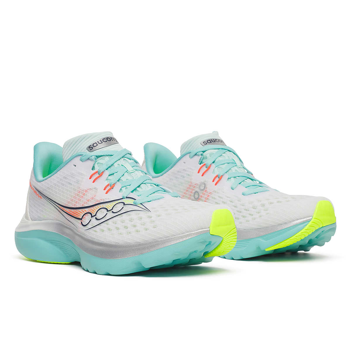 Kinvara 16 - Women by Saucony in white and aqua with PWRRUN cushioning, lightweight road running trainer for smooth, energized rides