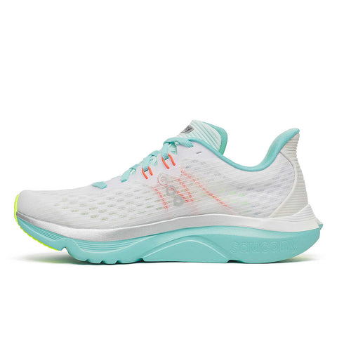 Kinvara 16 - Women by Saucony in white and teal, lightweight running shoe with PWRRUN cushioning for smooth, energized road running.