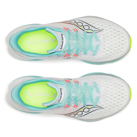 Kinvara 16 - Women by Saucony in white and light blue, lightweight running shoe with PWRRUN cushioning for a smooth, energized ride