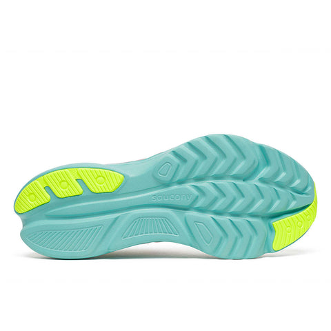 Kinvara 16 - Women by Saucony in turquoise with neon yellow outsole, lightweight trainer with PWRRUN cushioning for smooth, energized running rides