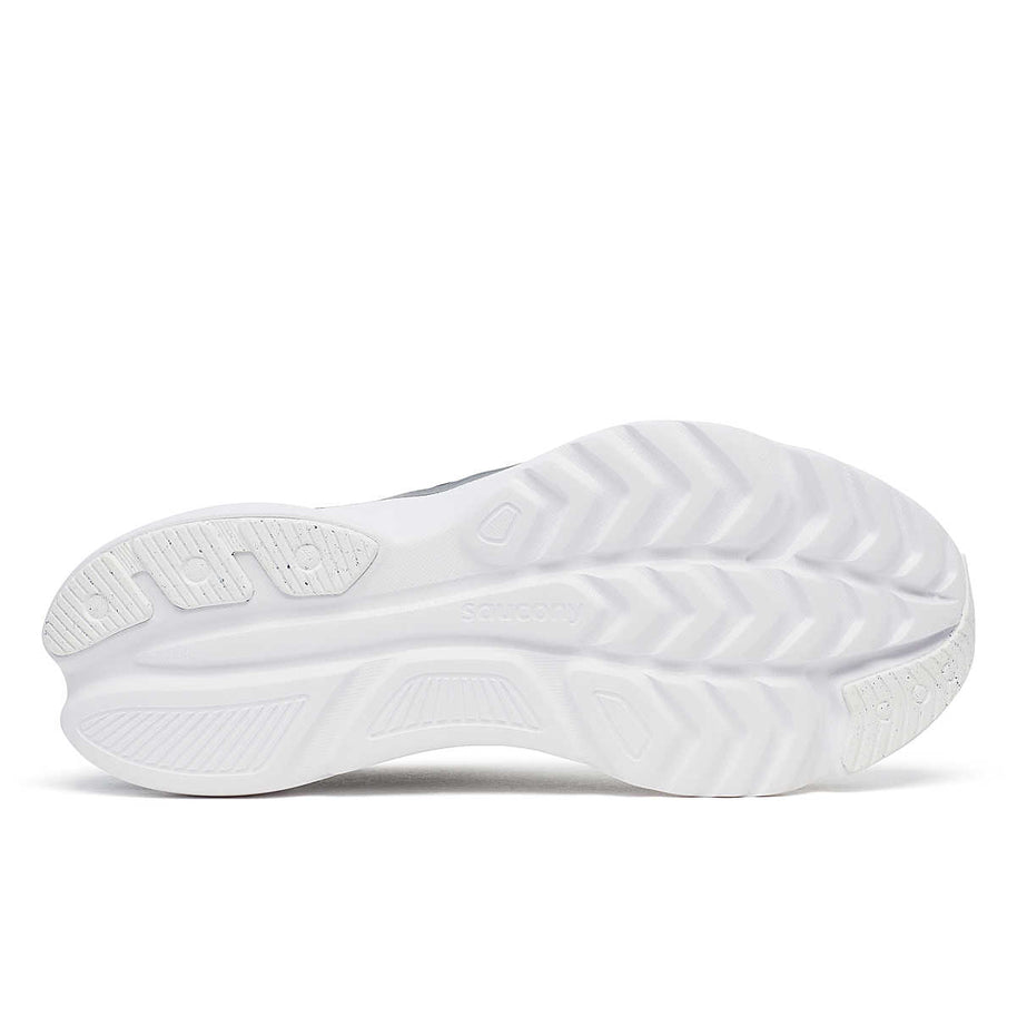Kinvara 16 - Women by Saucony in white and grey with PWRRUN cushioning for lightweight, smooth, and energized running trainer.