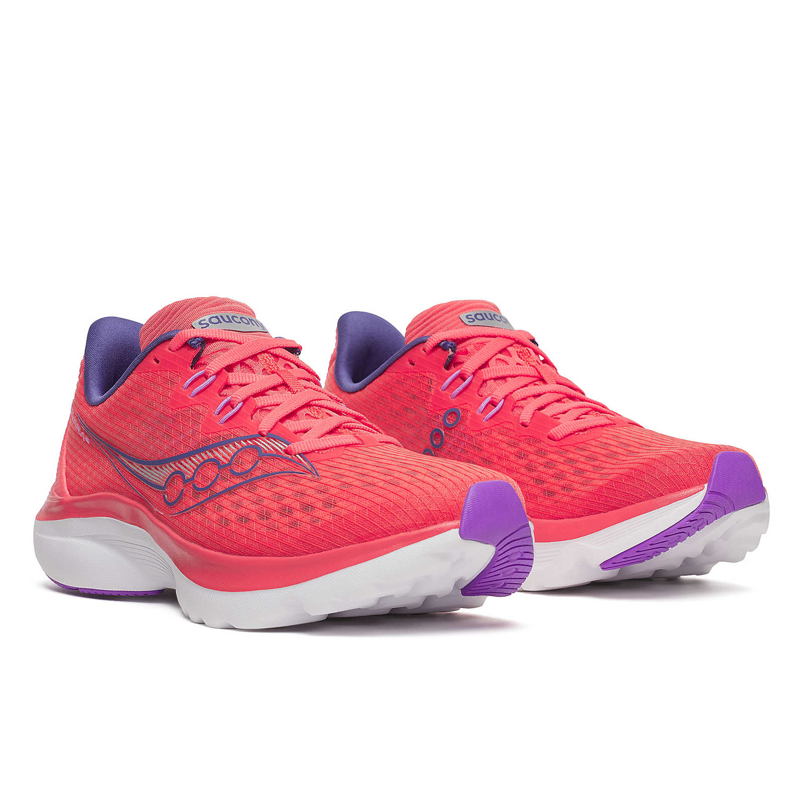 Kinvara 16 - Women by Saucony in coral and purple, lightweight road running trainer with upgraded PWRRUN cushioning for energized ride