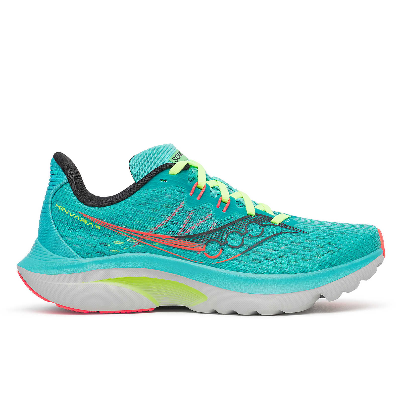 Kinvara 16 - Women by Saucony in turquoise and neon yellow lightweight running shoe with PWRRUN cushioning for smooth energized road running
