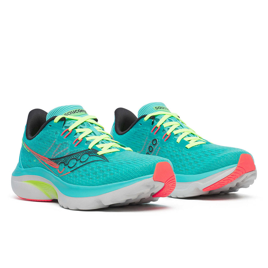 Kinvara 16 - Women by Saucony in turquoise and coral, lightweight trainer with upgraded PWRRUN cushioning for smooth, energized running