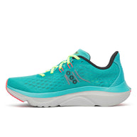 Kinvara 16 - Women by Saucony in turquoise and neon yellow, lightweight trainer with PWRRUN cushioning for smooth, energized running ride