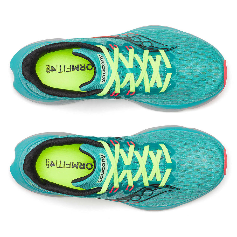 Kinvara 16 - Women by Saucony in teal and neon green, lightweight road running shoe with PWRRUN cushioning for a smooth, energized ride