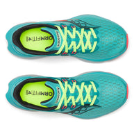 Kinvara 16 - Women by Saucony in teal and neon green, lightweight road running shoe with PWRRUN cushioning for a smooth, energized ride