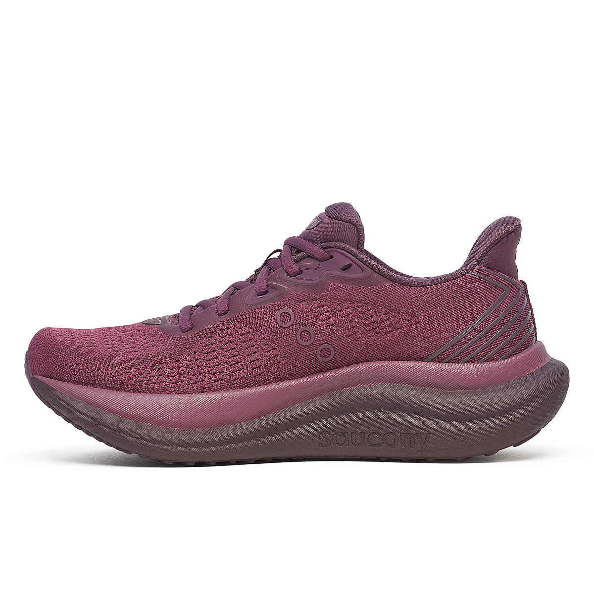 Triumph 23 - Women by Saucony in maroon with PWRRUN PB midsole, lightweight cushioned running shoe for long road runs and endurance.