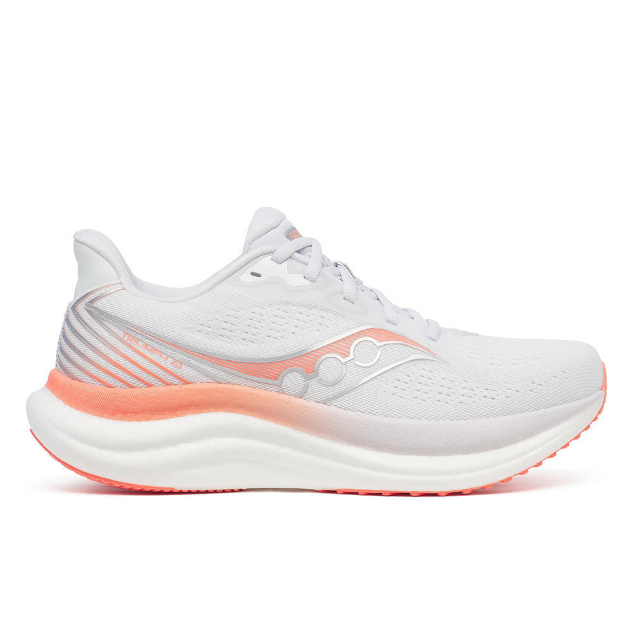 Triumph 23 - Women by Saucony in white and peach, lightweight cushioned road running shoe with PWRRUN PB midsole for long-distance runs
