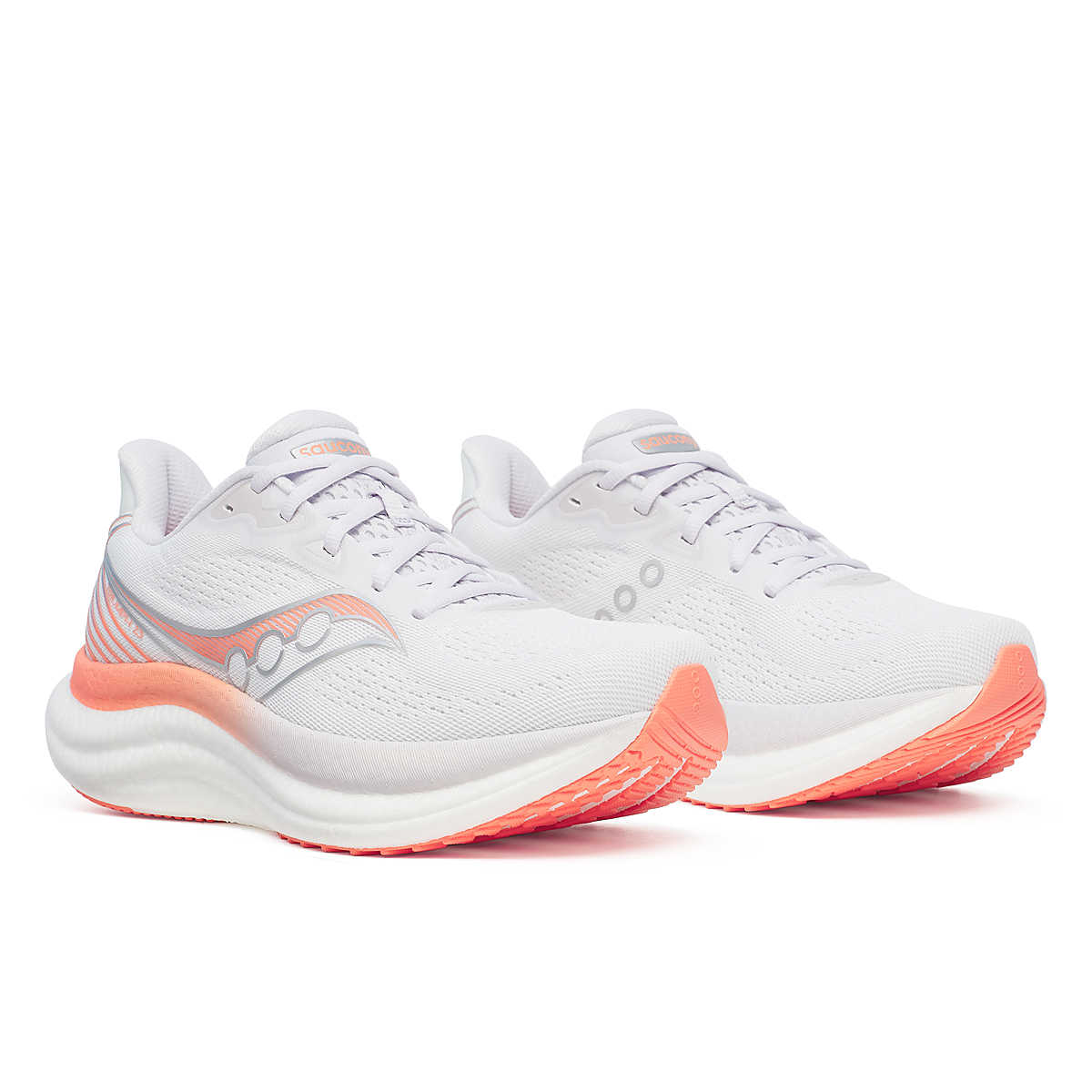Triumph 23 - Women by Saucony in white and coral with lightweight PWRRUN PB cushioning, designed for long-distance running and road use