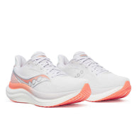 Triumph 23 - Women by Saucony in white and coral with lightweight PWRRUN PB cushioning, designed for long-distance running and road use