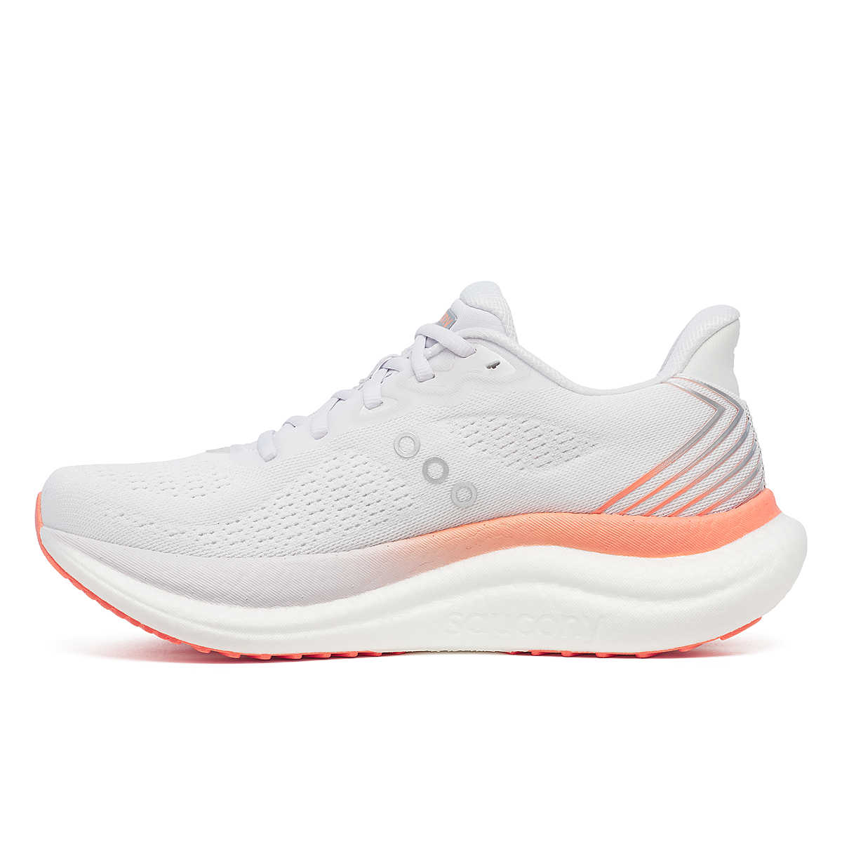 Triumph 23 - Women by Saucony in white and coral, lightweight road running shoe with cushioned PWRRUN PB midsole for longer runs