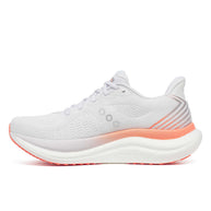 Triumph 23 - Women by Saucony in white and coral, lightweight road running shoe with cushioned PWRRUN PB midsole for longer runs