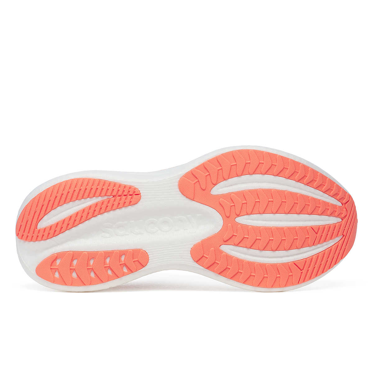 Triumph 23 - Women by Saucony in white and coral with responsive PWRRUN PB cushioning, lightweight road running shoe for longer runs