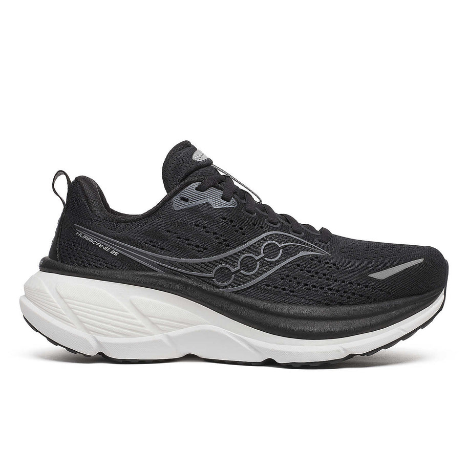 Hurricane 25 - Women by Saucony in black and white with max cushioning and responsive superfoam for comfortable road running