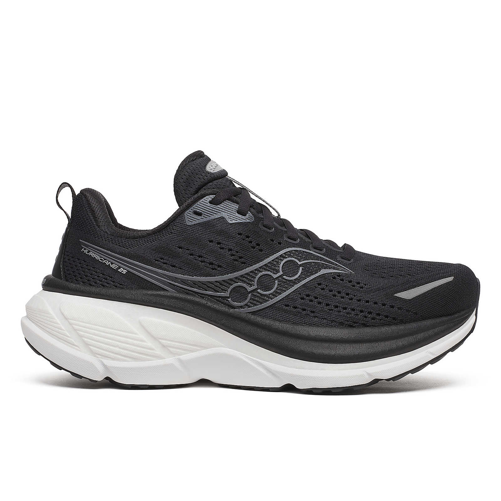 Hurricane 25 Wide - Women by Saucony in black and white, cushioned responsive running shoe for road running and daily comfort