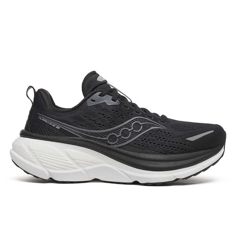 Hurricane 25 Wide - Women by Saucony in black and white, cushioned responsive running shoe for road running and daily comfort