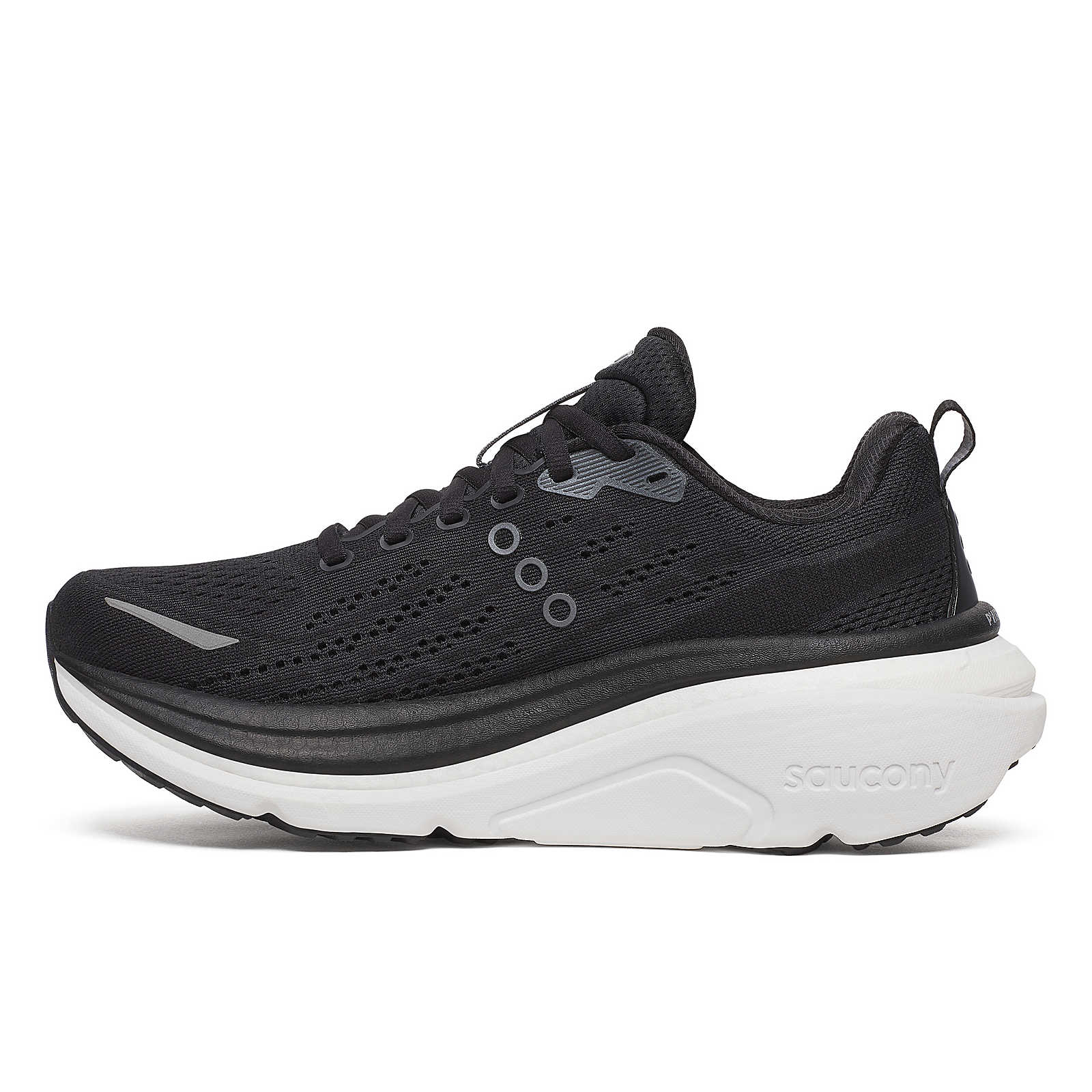 Hurricane 25 - Women by Saucony in black and white with max cushioning and responsive superfoam for comfortable road running