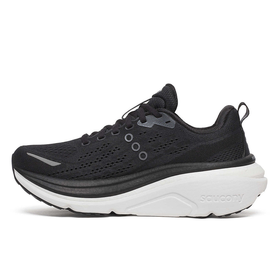 Hurricane 25 Wide - Women by Saucony in black with max cushioning and superfoam, designed for comfortable road running in USA-based running stores