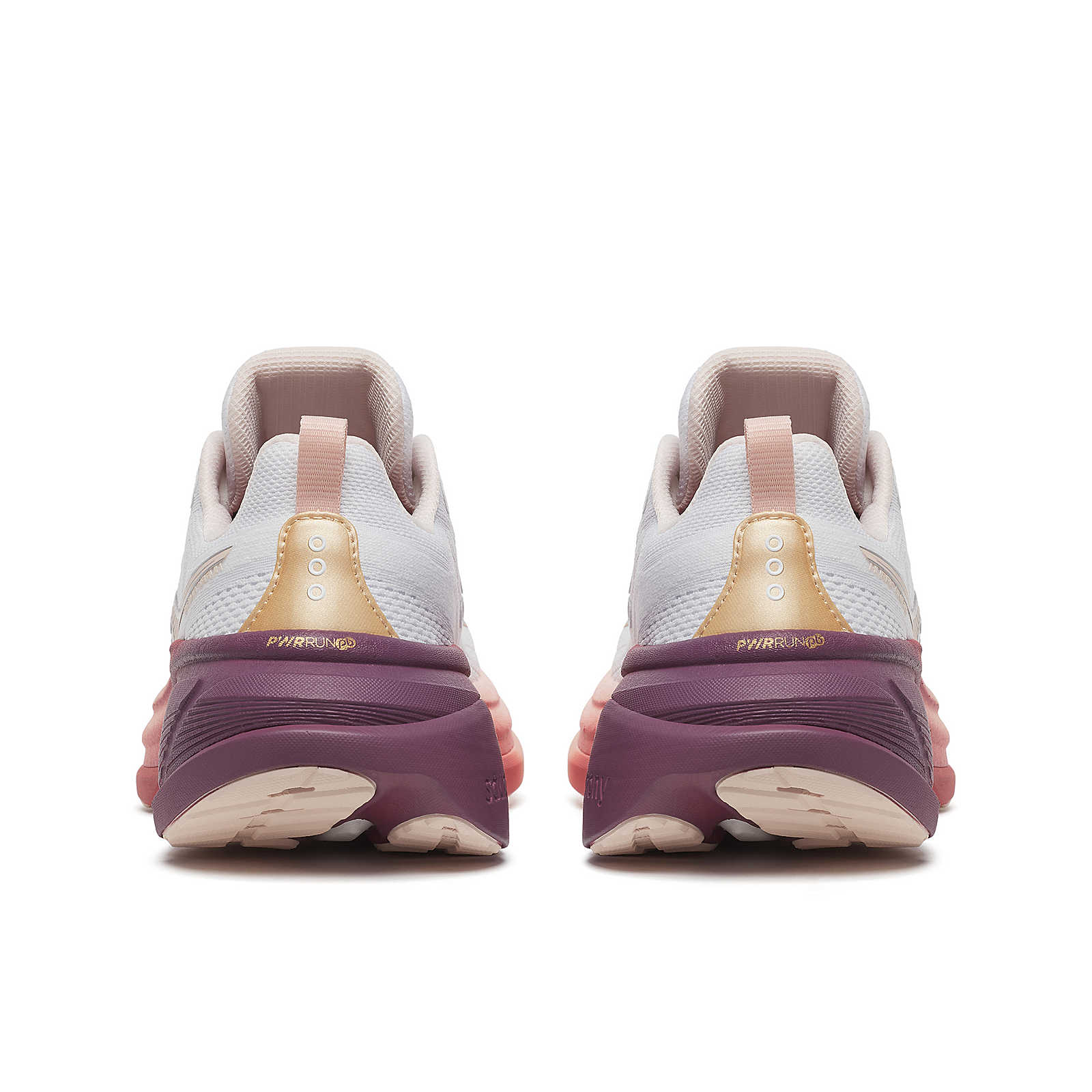 Hurricane 25 - Women by Saucony in white, pink, and mauve with max cushioning and responsive superfoam for comfortable road running