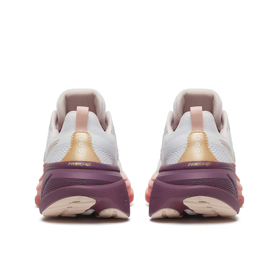 Hurricane 25 - Women by Saucony in white, pink, and mauve with max cushioning and responsive superfoam for comfortable road running