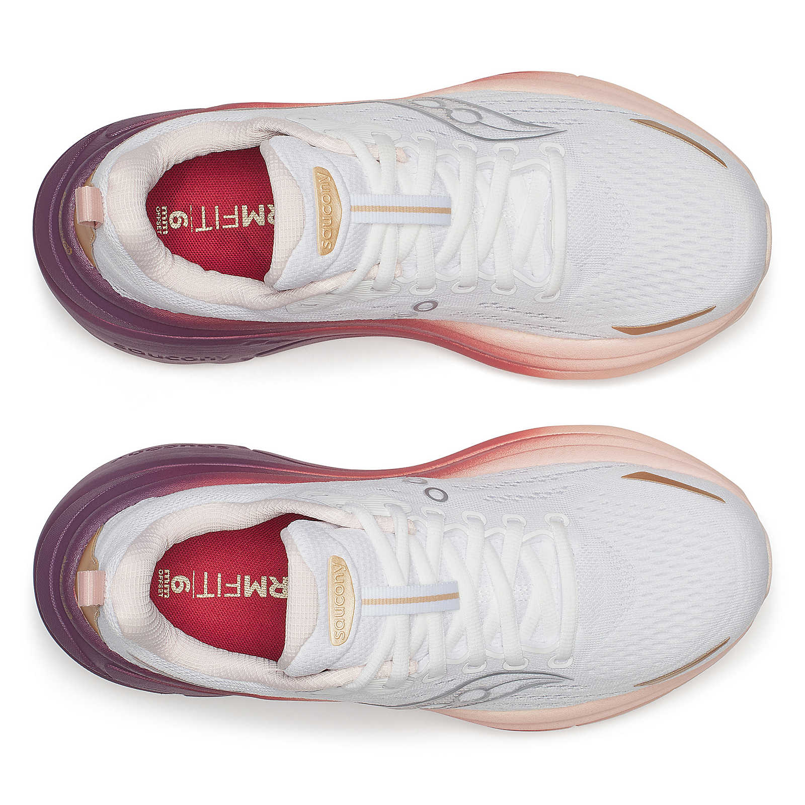 Hurricane 25 - Women by Saucony in white, pink, and purple with max cushioning and responsive superfoam for road running comfort and support