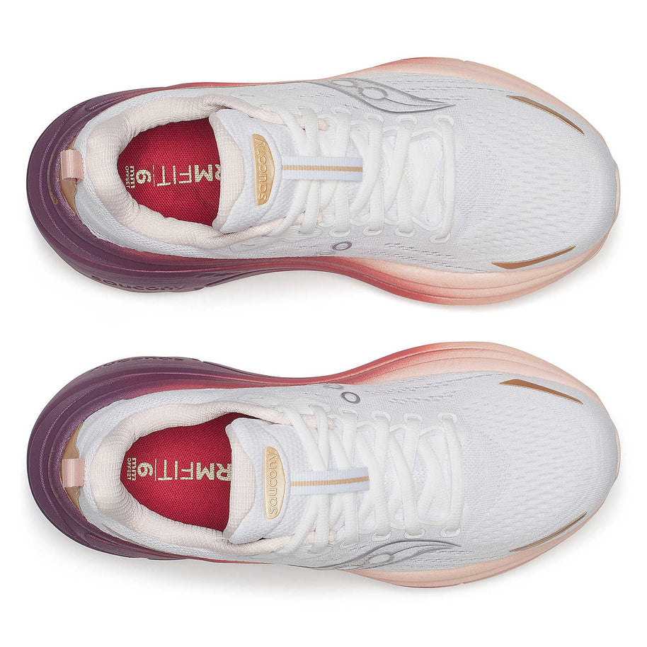 Hurricane 25 - Women by Saucony in white, pink, and purple with max cushioning and responsive superfoam for road running comfort and support