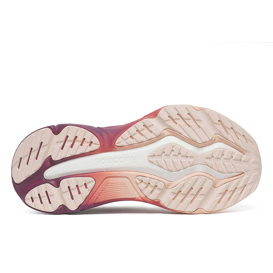 Hurricane 25 - Women by Saucony in peach and burgundy with max cushioning and superfoam sole for comfortable road running