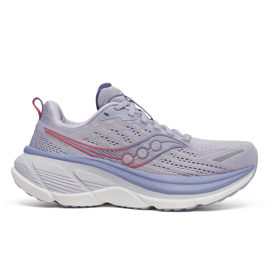 Hurricane 25 - Women by Saucony in light purple with red accents, max cushioning and responsive superfoam for comfortable road running