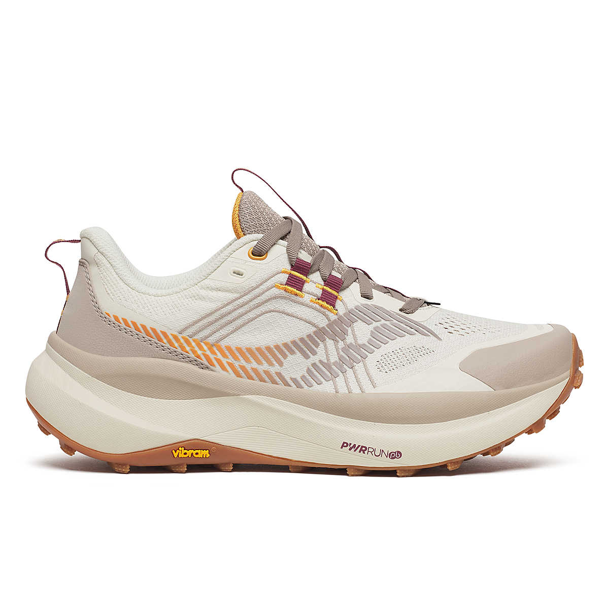 Xodus Ultra 4 - Women by Saucony in beige and orange, max cushioned trail running shoe with Vibram sole for long-haul outdoor use