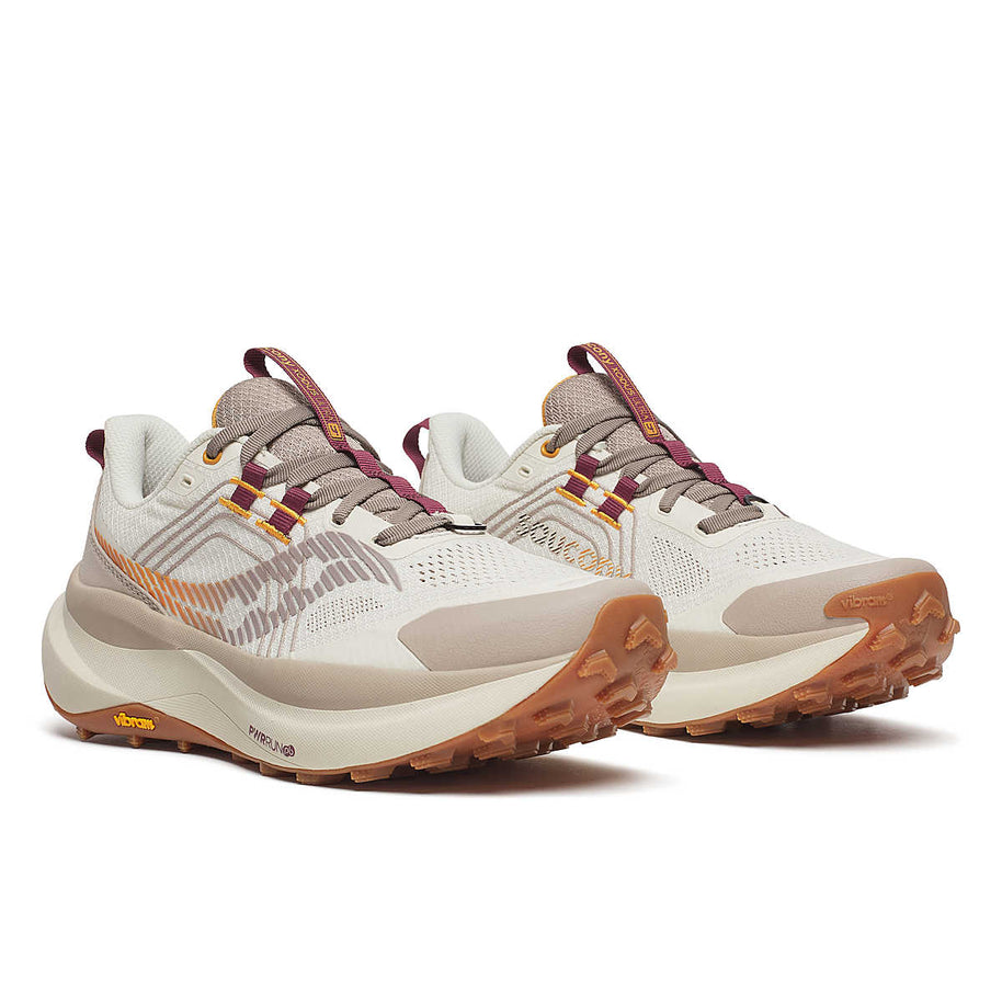 Xodus Ultra 4 - Women by Saucony in beige and brown, max cushioned trail running shoe with Vibram outsole for long-haul outdoor runs
