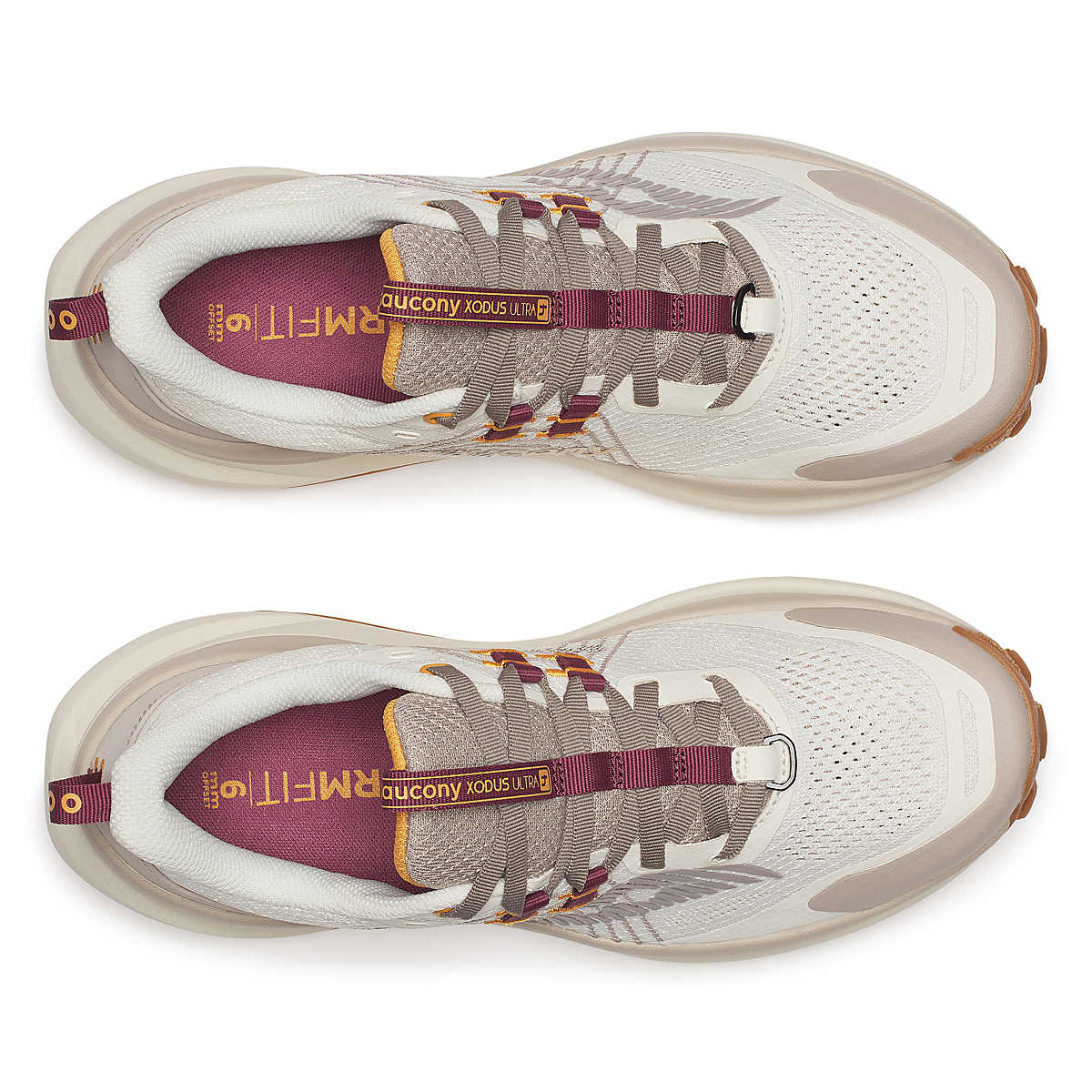 Xodus Ultra 4 - Women by Saucony in beige and maroon with max cushioned sole, designed for long-haul trail running and outdoor grip