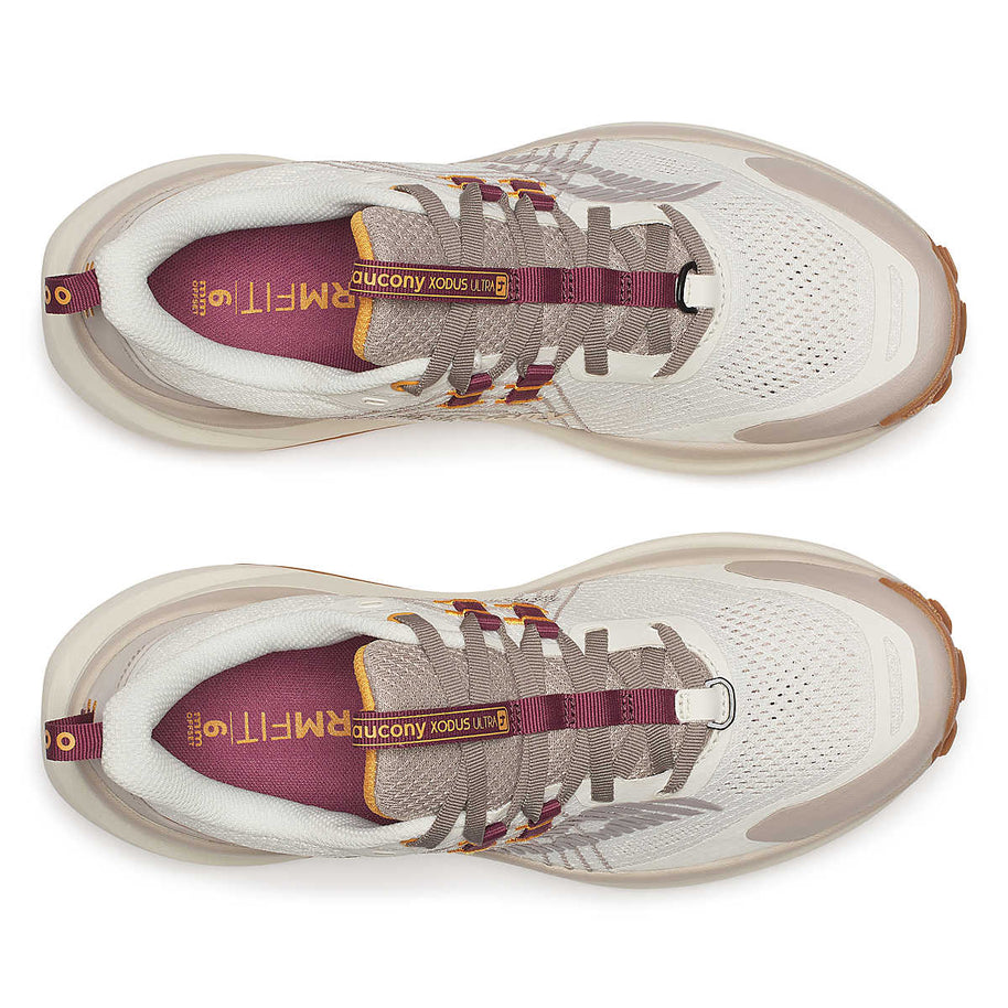 Xodus Ultra 4 - Women by Saucony in beige and maroon with max cushioned sole, designed for long-haul trail running and outdoor grip