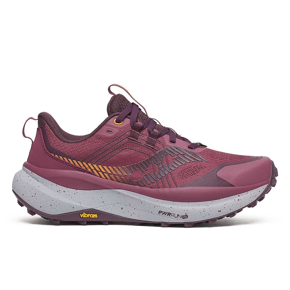 Xodus Ultra 4 - Women by Saucony in purple and orange, max cushioned trail running shoe with Vibram sole for long distance outdoor running