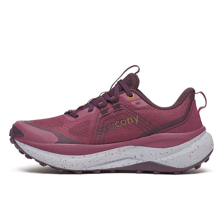 Xodus Ultra 4 - Women by Saucony in burgundy and purple, max cushioned trail running shoe with superior grip for long-haul outdoor use