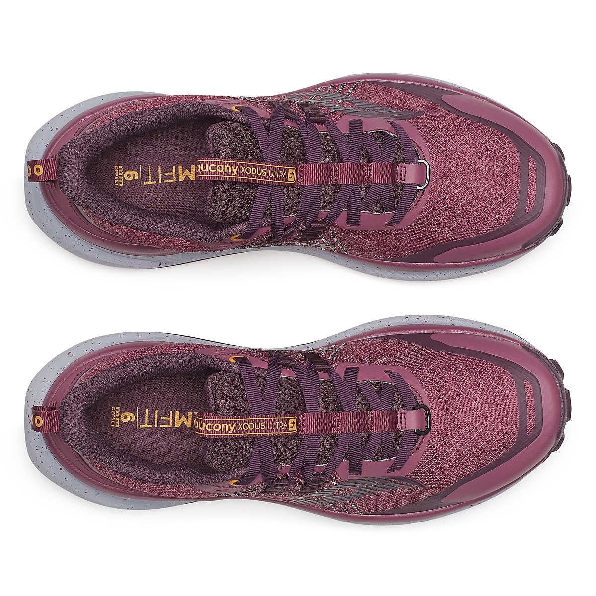 Xodus Ultra 4 - Women by Saucony in burgundy and grey, max cushioned trail running shoe with unmatched grip for long-haul outdoor use