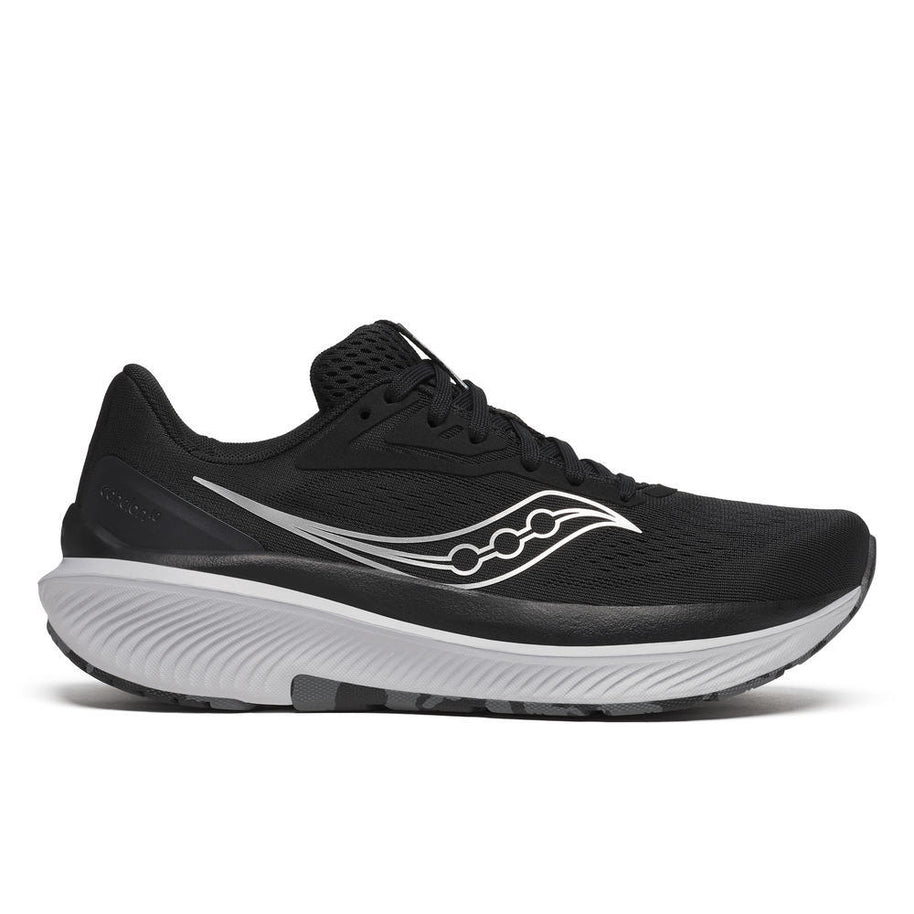Echelon 10 - Women by Saucony in black with white logo, cushioned road running shoe with broad stable base for comfort and protection
