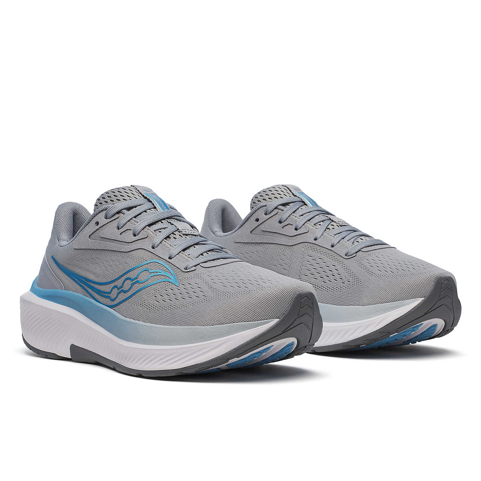 Echelon 10 - Women by Saucony in grey and blue, cushioned running shoe with broad, stable base for comfort and protection on roads