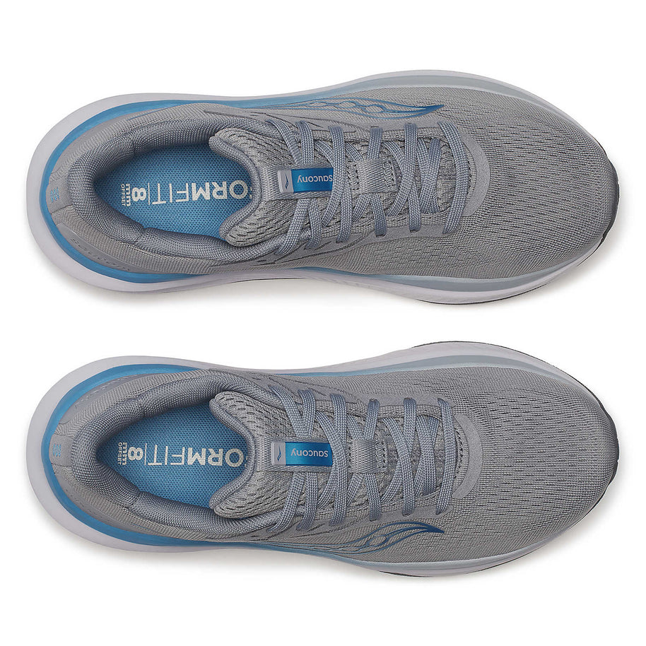 Echelon 10 - Women by Saucony in grey and blue, cushioned running shoe with broad base for comfort and stability, ideal for walking and running