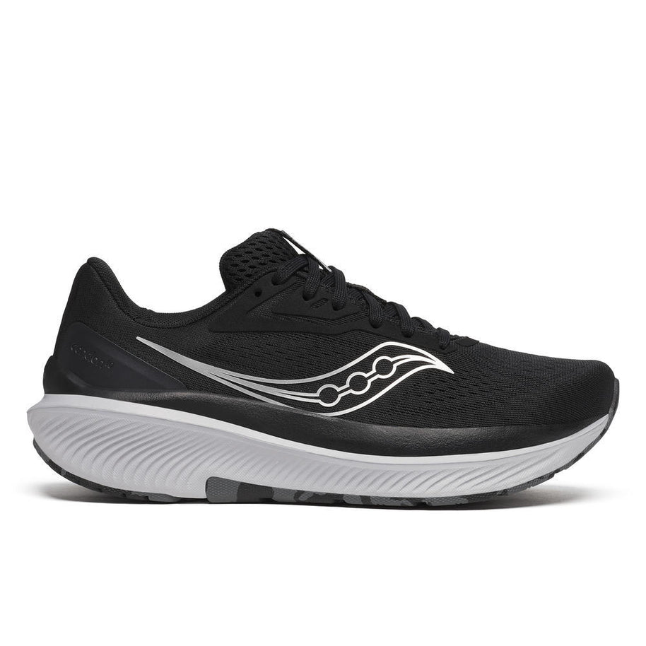 Echelon 10 Wide - Women by Saucony in black with white midsole, stable wide base and cushioned road running shoe for comfort and protection