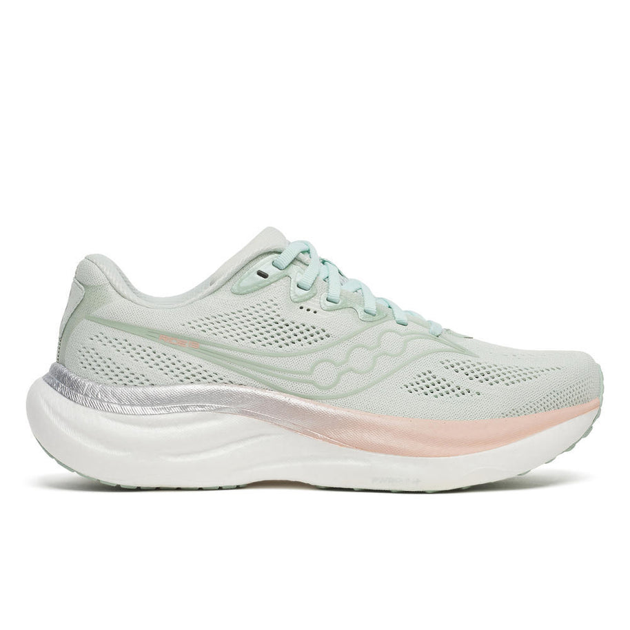 Ride 19 - Women by Saucony in light green and silver with soft, lightweight design for road running and versatile training use