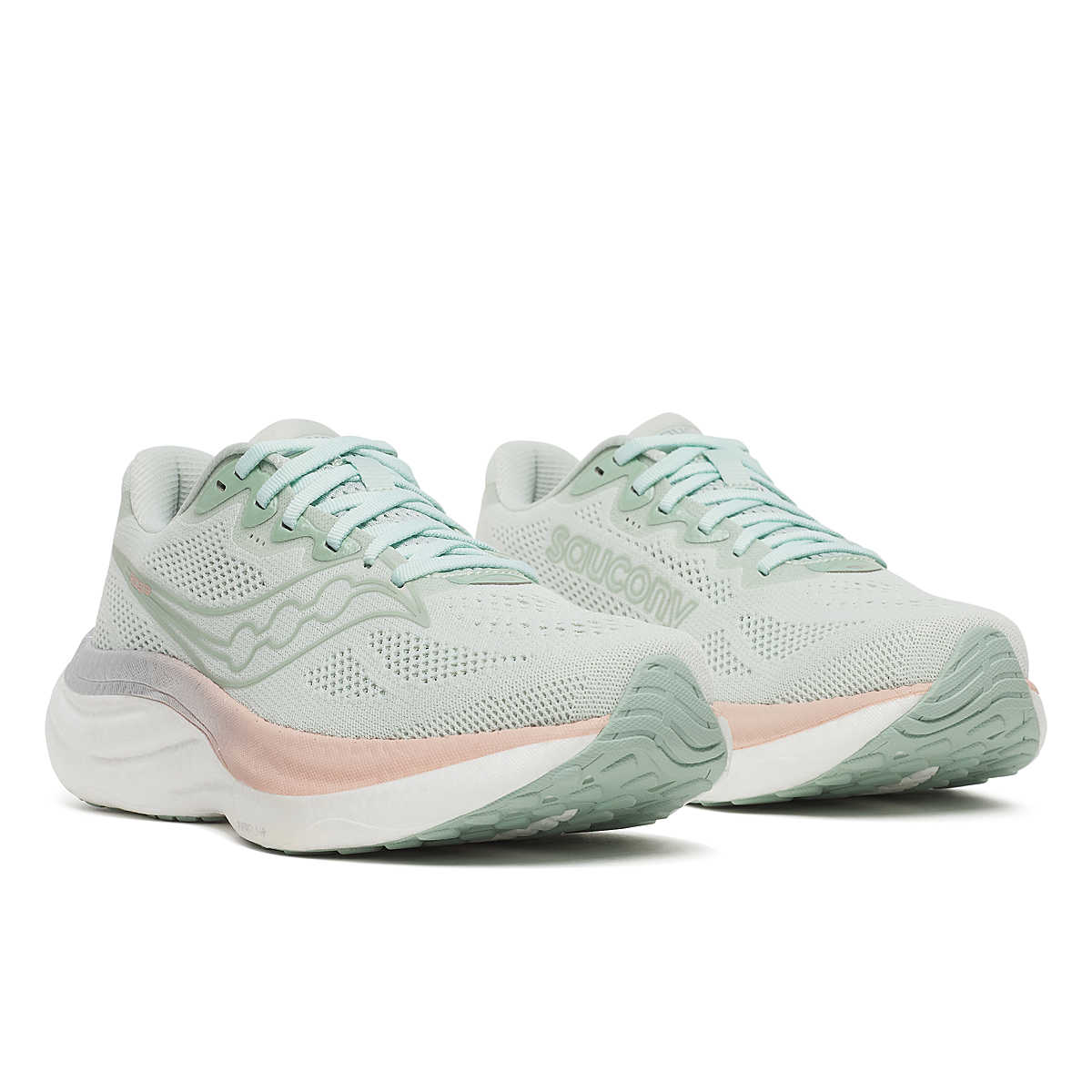 Ride 19 - Women by Saucony in light green and soft pink, lightweight responsive road running shoes for long runs and training