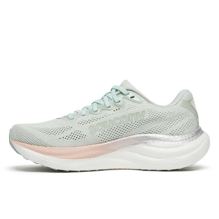 Ride 19 - Women by Saucony in light green and pink, lightweight responsive road running shoe for training and long steady runs