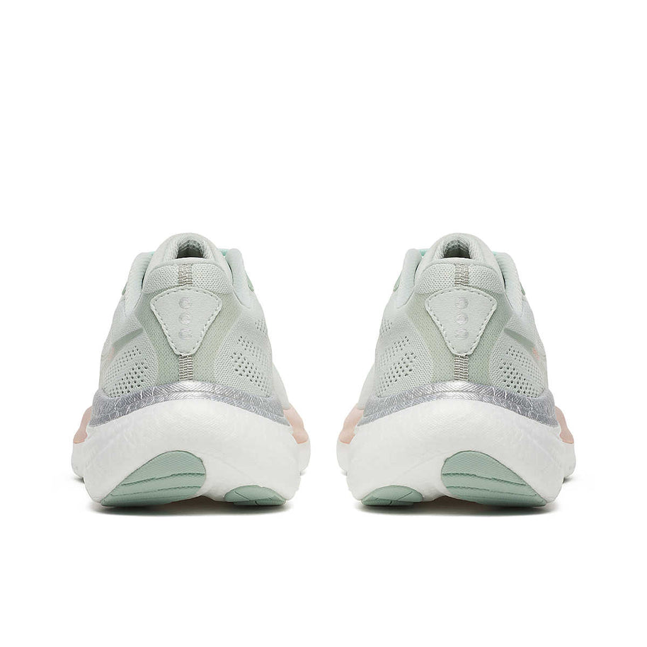 Ride 19 - Women by Saucony in light green and pink, lightweight responsive road running shoe designed for easy and fast runs
