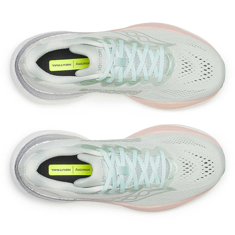 Ride 19 - Women by Saucony, light green and peach road running shoe, softer lighter responsive design for various running paces and training