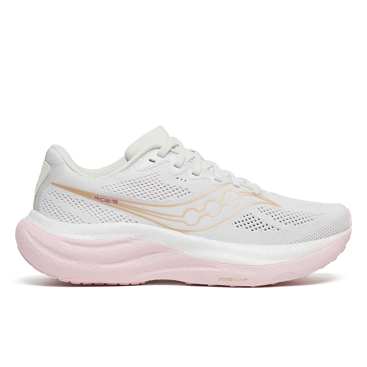 Ride 19 - Women by Saucony in white and pink lightweight running shoe with responsive cushioning for road running and training