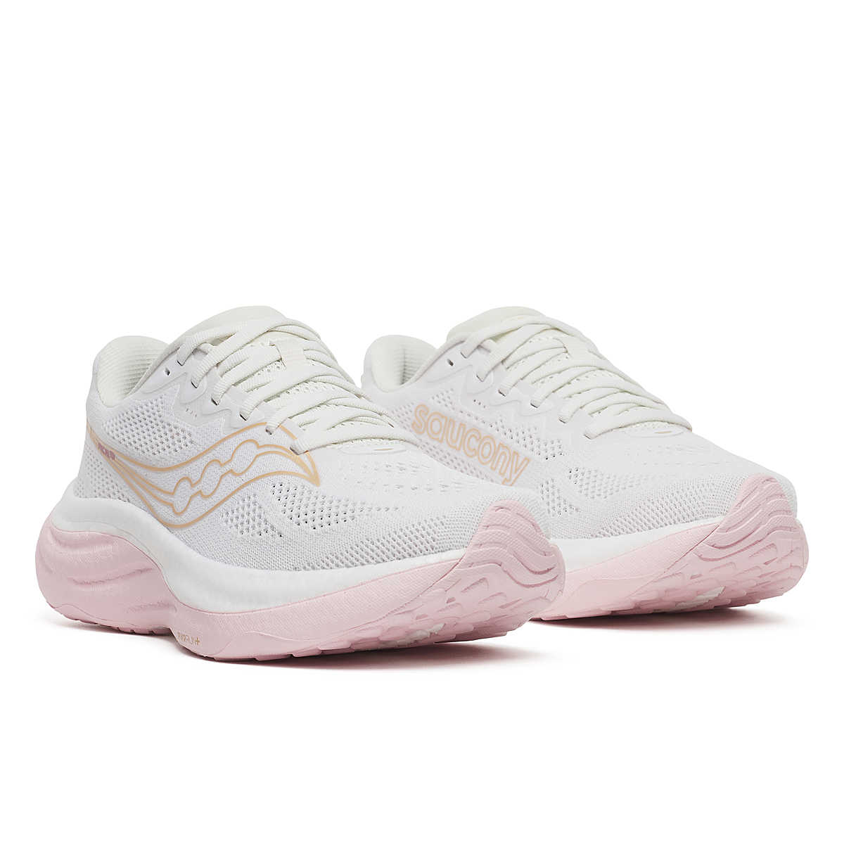 Ride 19 - Women by Saucony in white and light pink, lightweight responsive road running shoe for steady runs and training