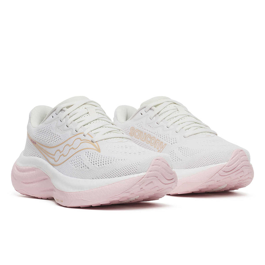 Ride 19 - Women by Saucony in white and light pink, lightweight responsive road running shoe for steady runs and training