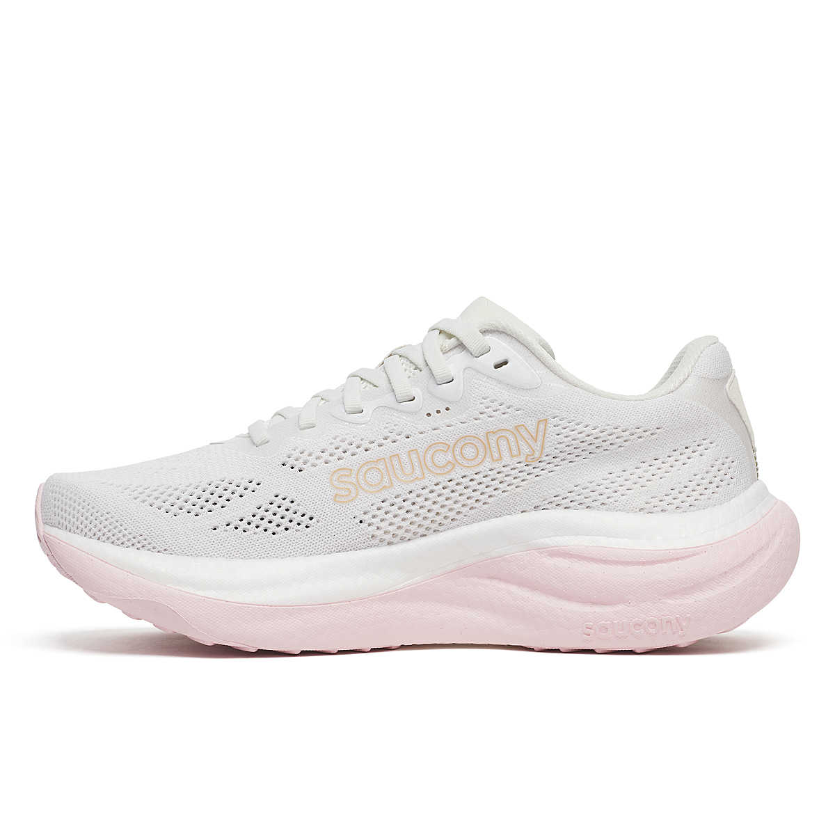 Ride 19 - Women by Saucony in white and light pink, lightweight responsive running shoe for road and training runs