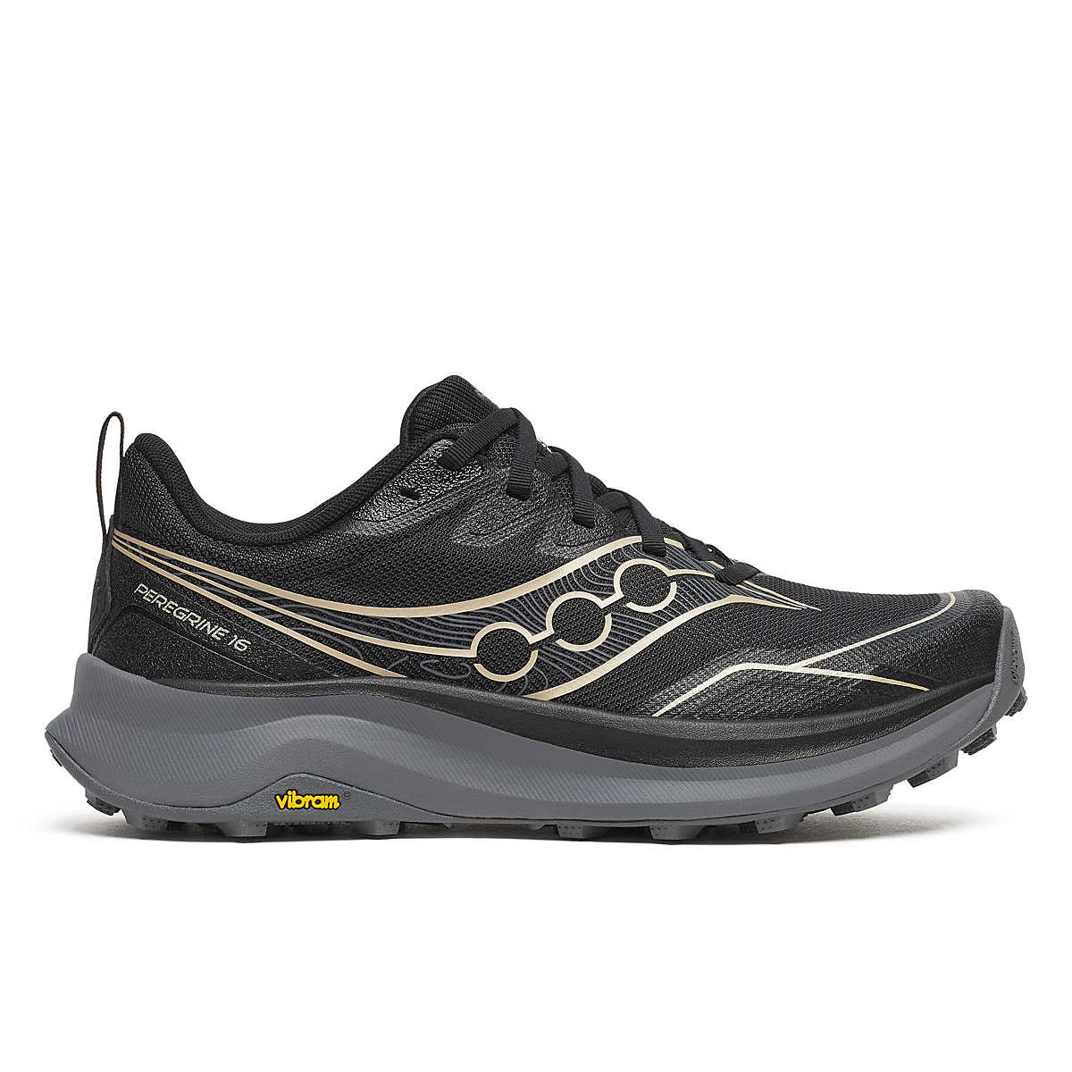 Peregrine 16 - Women by Saucony in black and grey with Vibram Megagrip sole, cushioned trail running shoe for rugged outdoor terrain